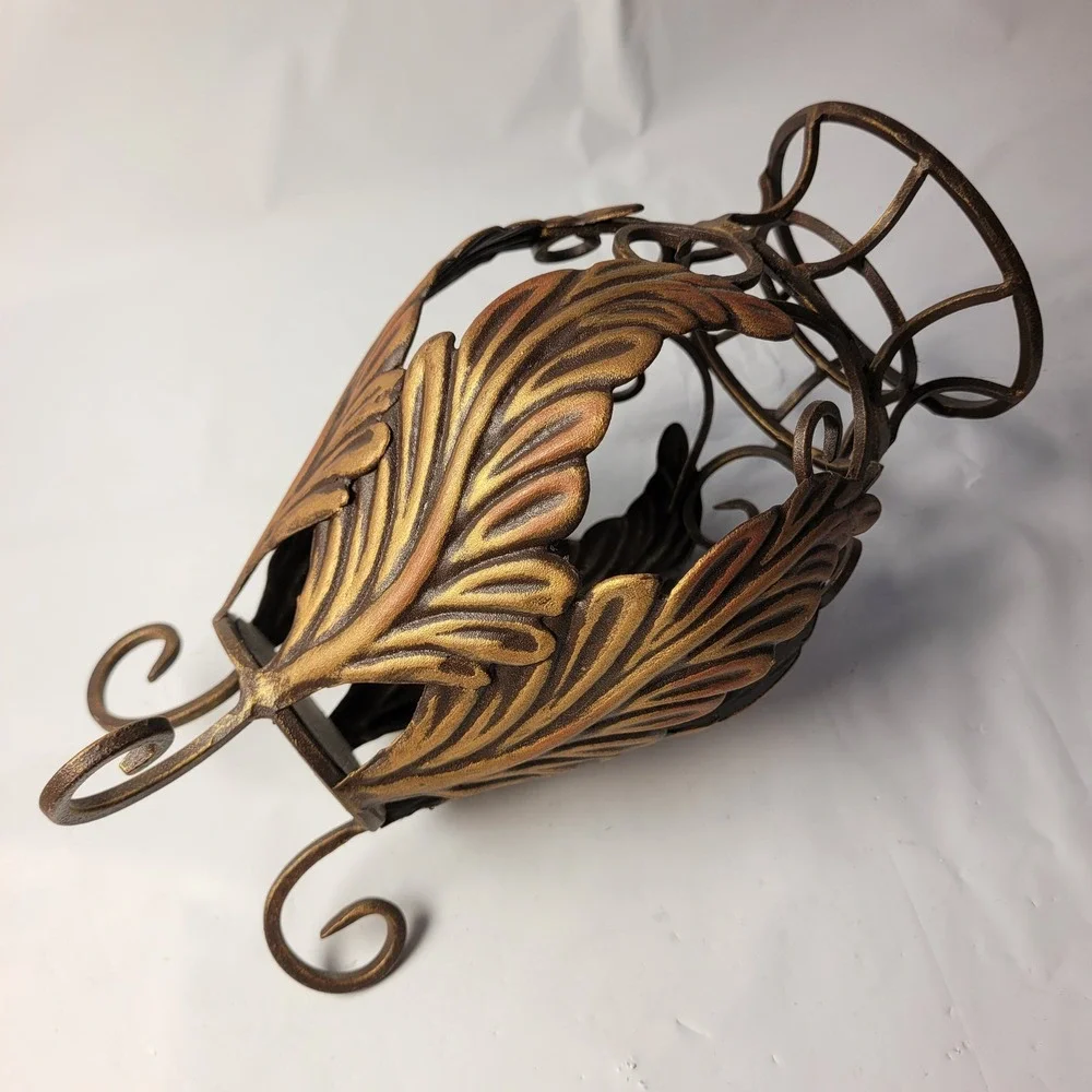 Metal Pillar Candle Holder‎ Bronze Look Steel Acanthus Leaf Scroll Footed 9in